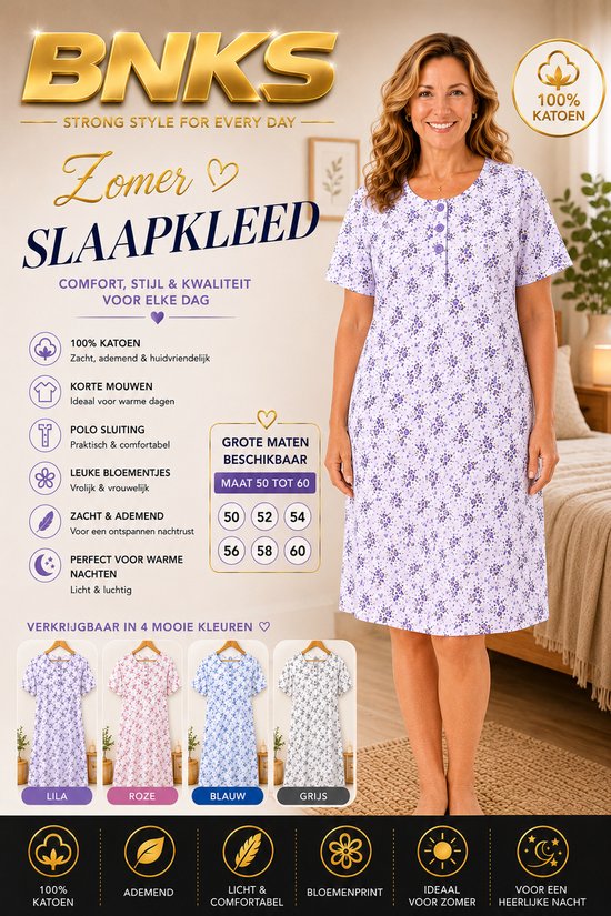 Robe de Nuit d'Été Femme 100 % Coton – Grandes Tailles 50 à 60 – Imprimé Floral – Manches Courtes – Fermeture Polo