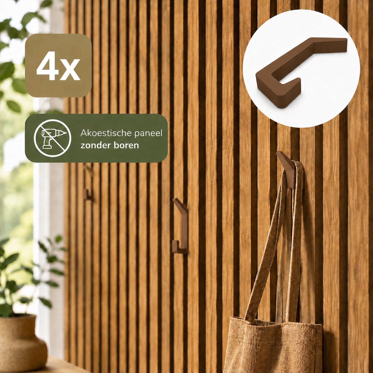 Premium Wandhaak Voor Akoestische Wandpanelen - Set 4 Stuks - Geschikt Voor Tussenruimte 13-15 Mm - Lattenwand Haak - Design Kapstokhaak Voor Jassen Tassen Handdoeken En Accessoires - Roasted Chestnut