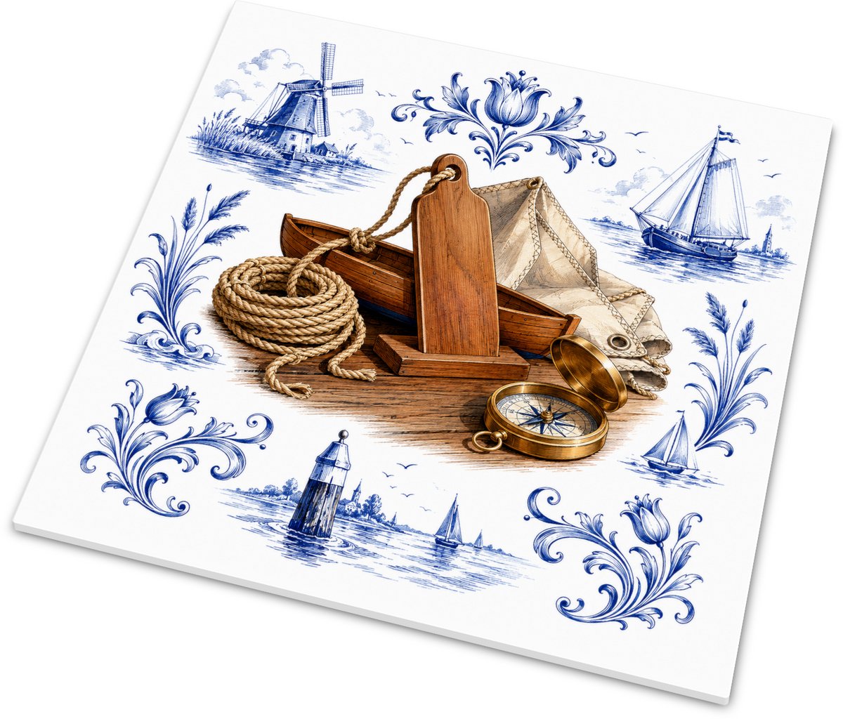 Wandtegeltje Maritiem Stilleven met Roeiboot en Kompas - Klassiek Havendecor met Molen - G