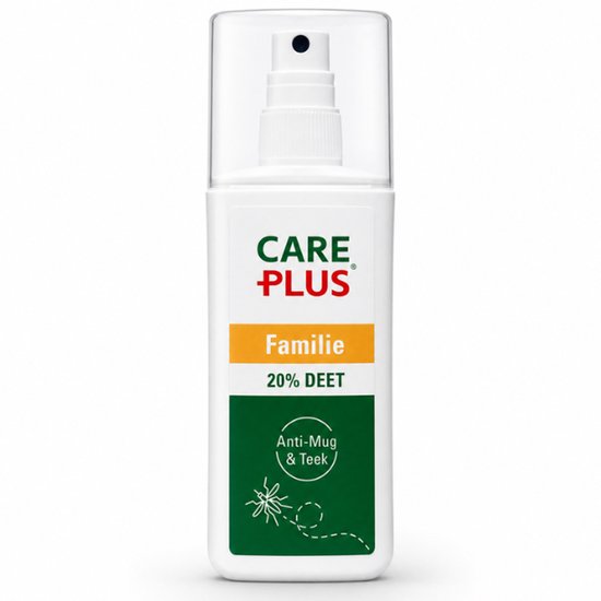 Witte sprayfles met Care Plus Familie 20% DEET met transparante dop.