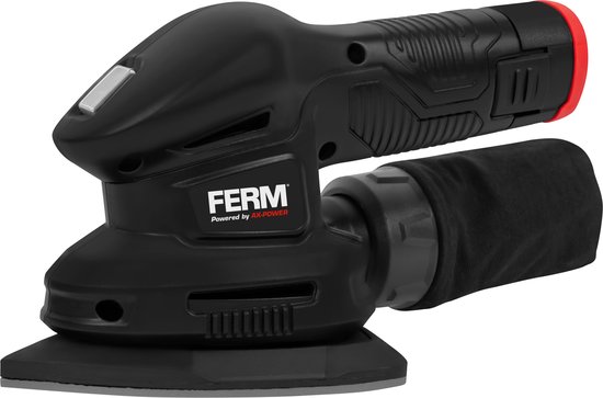 Zwarte FERM palm schuurmachine met zachte grip en stofzak.