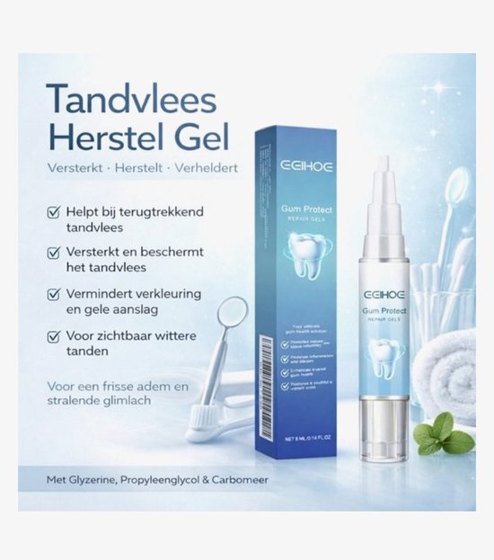 Een pen met tandvlees herstel- en whitening gel van Eelhoe, met een doosje. Tekst vermeldt voordelen zoals versterken, whitening en frisse adem.
