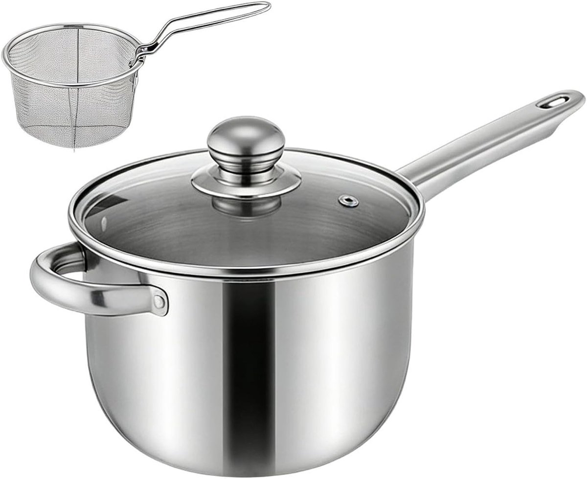 Friteuse met mand - Kookpan Frituurpan - Veelzijdig koken - Gelijkmatige warmteverdeling - 38 x 19.5 x 13 cm - Zilver