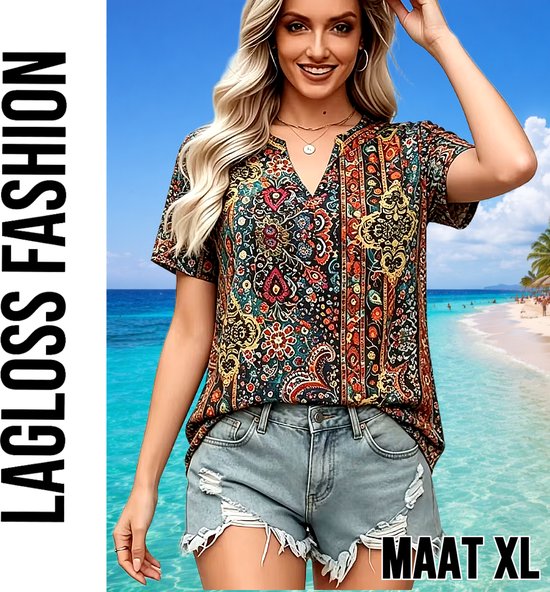 LaGloss® Elegante Paisley Blouse Dames – Bohemian Zomertop met V-Hals – Retro Print – Korte Mouw – Maat XL