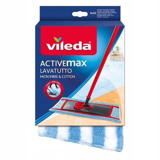 Verpakking van de Vileda Actieve Max Lavatutto mop met blauwe en witte strepen, met rode steel en microvezelopzetstuk.
