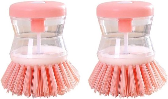 Twee roze afwasborstels met zeepdispensers naast elkaar.