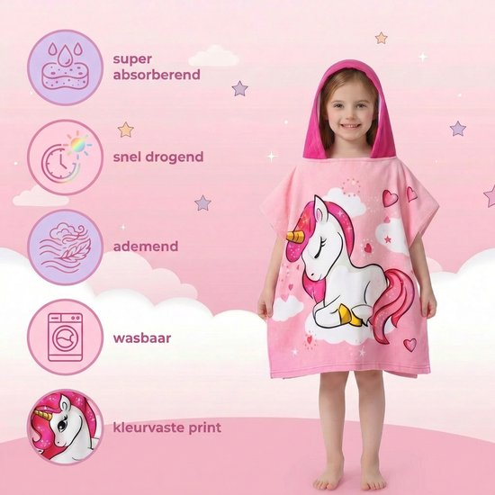 Poncho Handdoek - Badponcho - Eenhoorn - Unicorn - Zomer Badcape - Omslagdoek - Handdoek Met Capuchon - Strandhanddoek - Polyester - Jongen - Kinderen - Kinder - Peuter - Kleuter - Vanaf 3 jaar — afbeelding 4