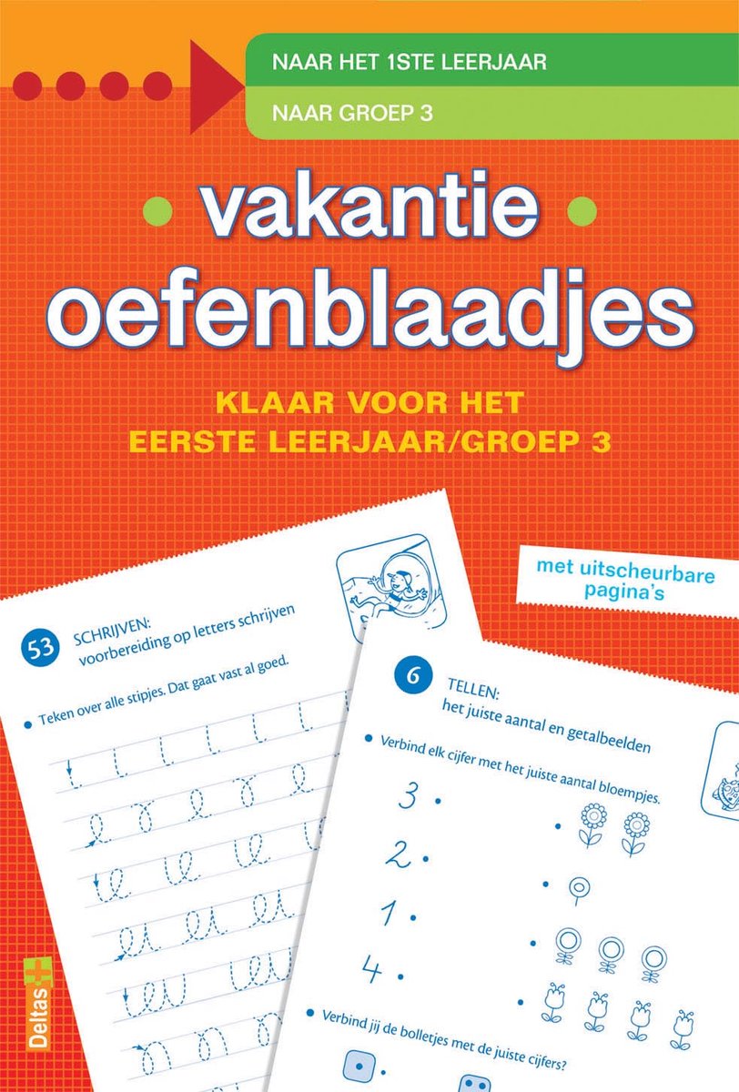 Page de couverture de "Vakantie oefenblaadjes" pour la 1re année. Montre des exercices d'écriture et de calcul avec des illustrations.