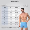 Maattabel voor Muchachomalo boxershorts met model en instructies: model is 1,88m en draagt maat M.