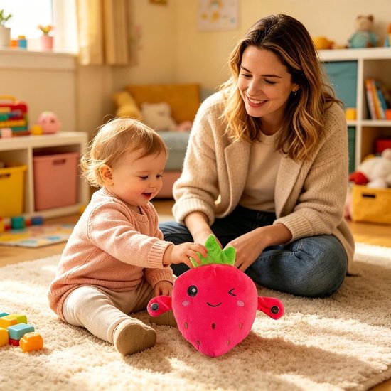 Aardbei Pluche Dier - Knuffelpop Muziek - Sensorisch Leren - Interactieve Melodieën - 23 x 21 x 11 cm - Rood — afbeelding 2