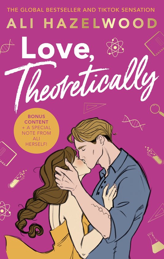 Boekomslag van 'Love, Theoretically' door Ali Hazelwood, met een stel dat elkaar kust, omringd door wetenschappelijke symbolen en de tekst 'The global bestseller and TikTok sensation'.