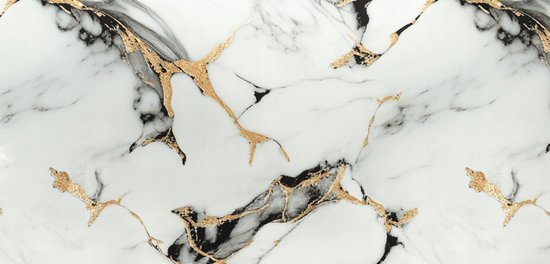 Glad wit PVC-paneel met grijze en gouden marmeraderen.
