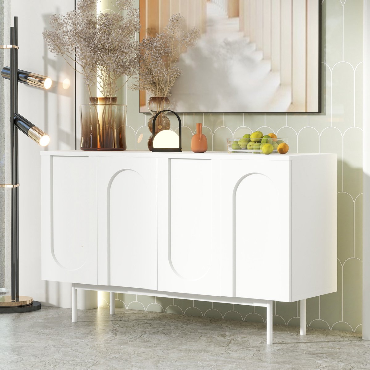 DESMIU Dressoir - Modern Wit Sideboard Met 4 Deuren En Gebogen Patroon - Voor Woonkamer Eetkamer En Hal - MDF - Wit - 2 Pakketten