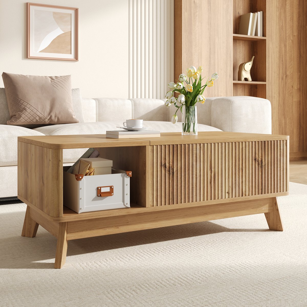 MIVRAY Salontafel - Verstelbaar Tafelblad Met Opbergruimte - Voor Woonkamer En Werkhoek - MDF Naturel - 95x48x50 Cm