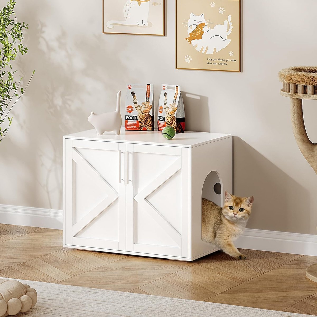 Houten Kattenbak Ombouw - Verborgen Kattenbakmeubel & Kattenhuis - Wit - 65 x 45 x 57 cm