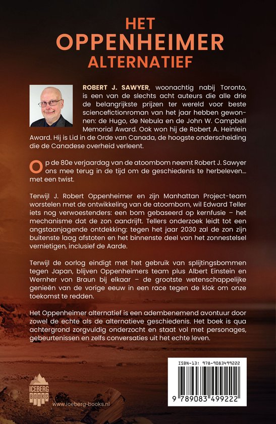 Boekcover met portret van Robert J. Sawyer, titel 'Het Oppenheimer Alternatief'.