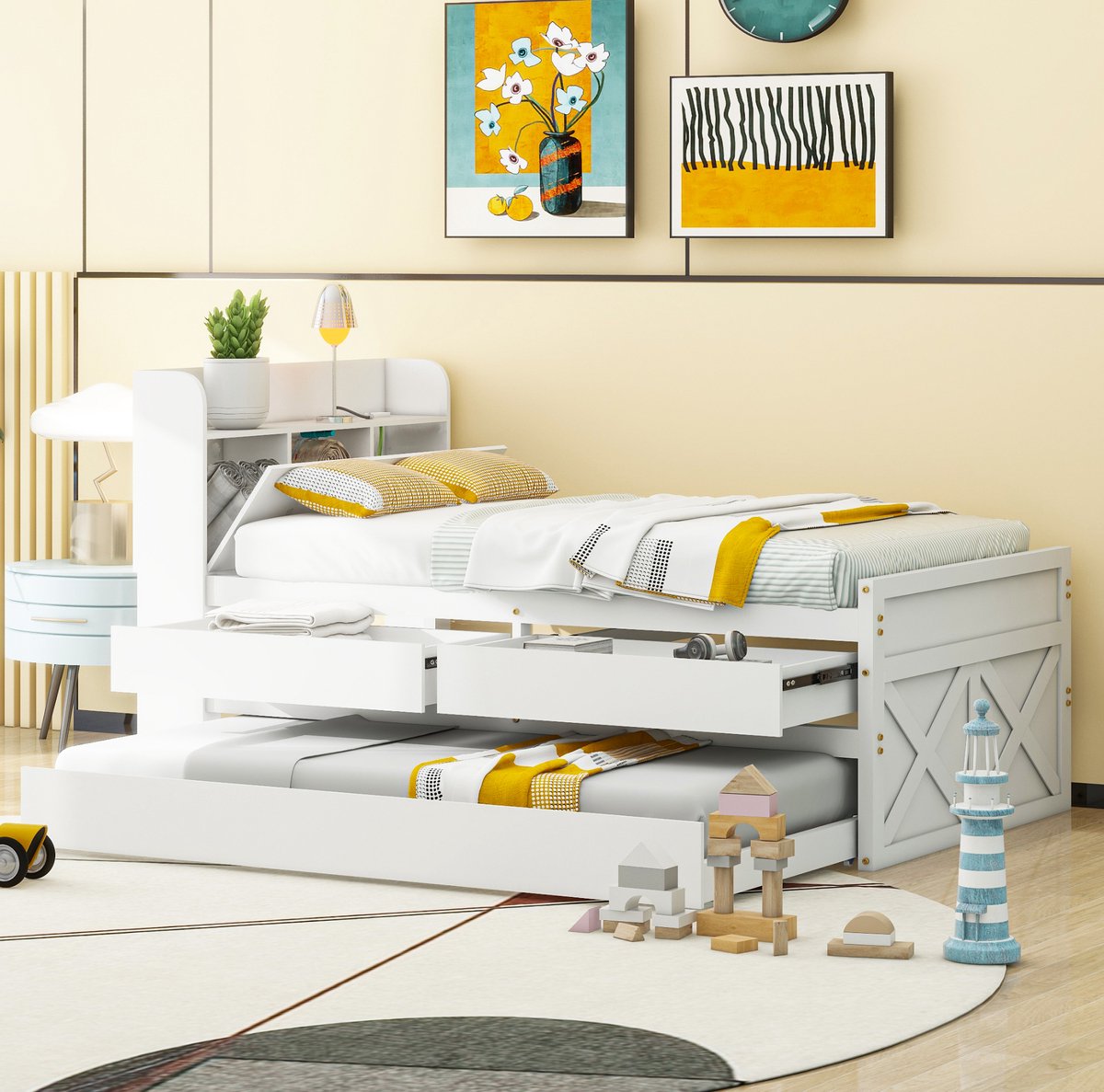 Eenpersoonsbed, massief grenen, 90x190 cm, multifunctioneel met lades, lattenbodem, nachtkastje met planken en USB-poort, kinderbed, logeerbed, wit.
