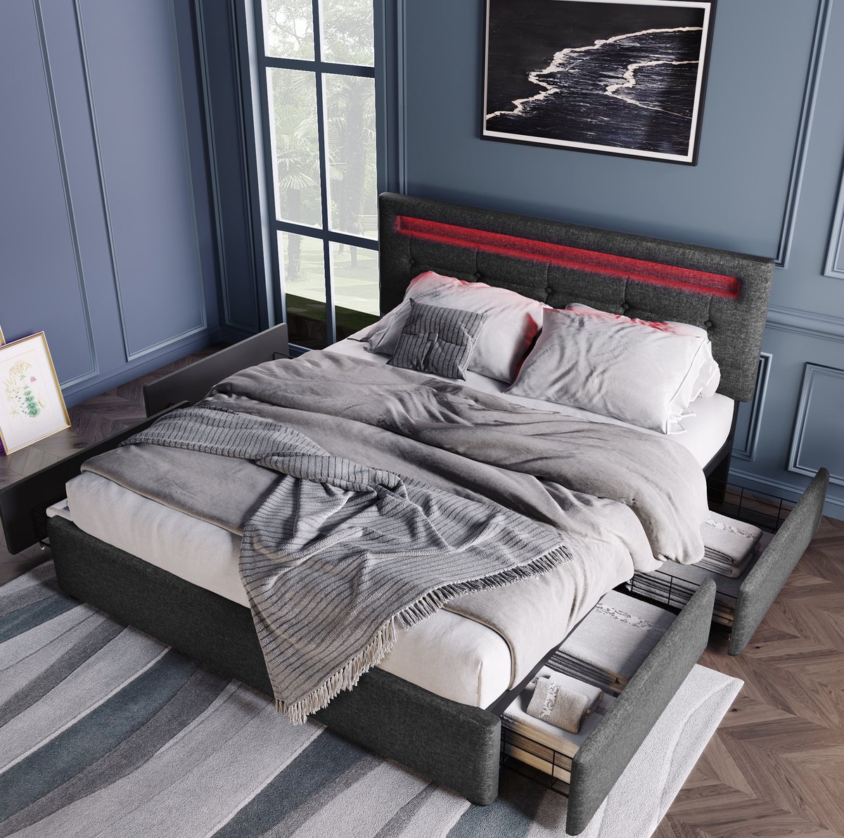 COVREO Bedframe 140x200 cm grijs met LED en 4 lades, zonder matras