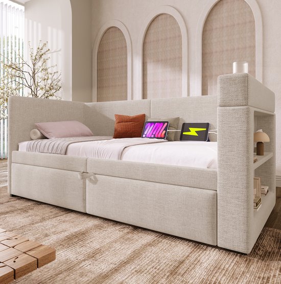 Gestoffeerde slaapbank 90x200 cm, eenpersoons slaapbank met uittrekbaar ontwerp, armleuningen met USB- en Type-C-oplaadpoorten en bekerhouders, linnenmixstof, beige, matras niet inbegrepen.