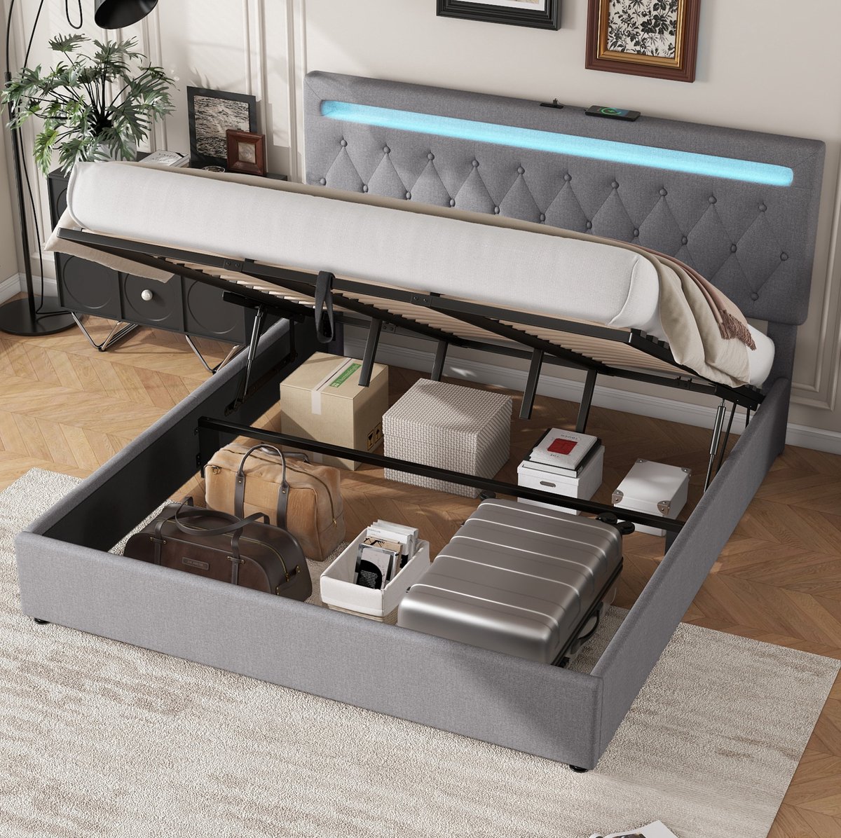 180*200 cm vlak bed, inclusief matras, hydraulische lift, sfeerverlichting met kleurverandering, USB-poort, grijs.