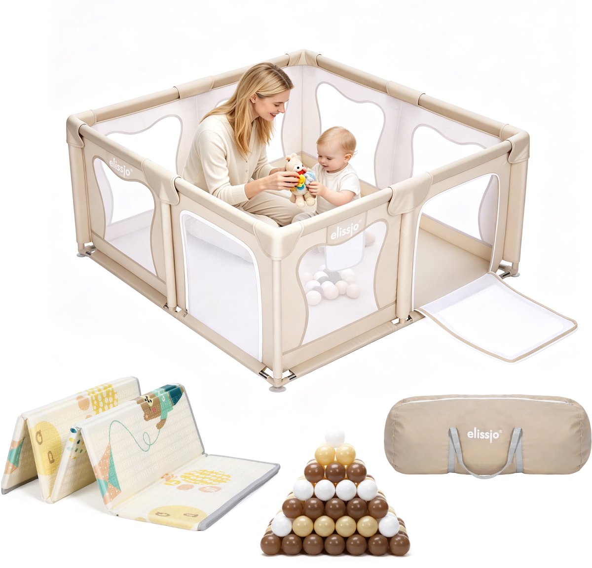 Elissio® - Grondbox Baby – Inclusief Dubbelzijdige Speelmat – Baby Speelbox met 50x Speelballen - Kinderbox - Playpen - 120x120 CM - Beige