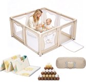 Beige speelbox met een vrouw en baby, speelmat, opbergtas en speelballen.