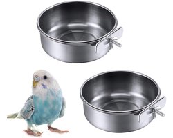 Vogelvoederbakjes (2-delige set) - Roestvrijstalen voer- en waterbakjes met klemmen - Geschikt voor papegaaien, langstaartpapegaaien, valkparkieten, conures, dwergpapegaaien, kanaries en kleine dieren.