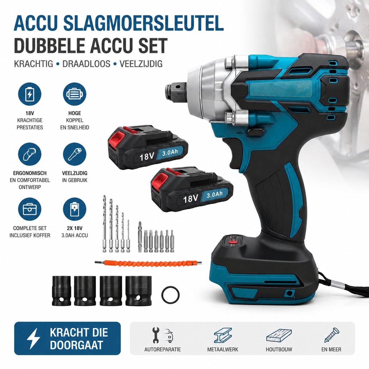 Accu Slagsleutel / Boormachine Combo – 2-in-1 – 18V 3.0Ah (2 accu's + lader) – Met 4 doppen, 5 metaalboren, 7 houtboren & verlengstuk – Draadloos – Voor montage, auto, hout & metaal