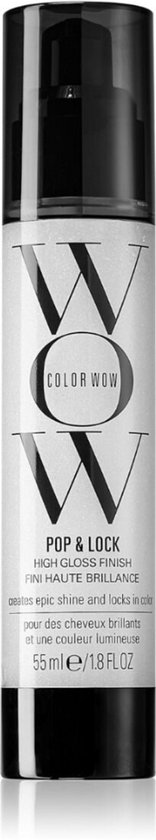 Fles met zilverkleurige glitters, met de tekst 'POP & LOCK HIGH GLOSS FINISH FINI HAUTE BRILLANCE POUR DES CHEVEUX BRILLANTS ET UNE COULEUR LUMINEUSE'.