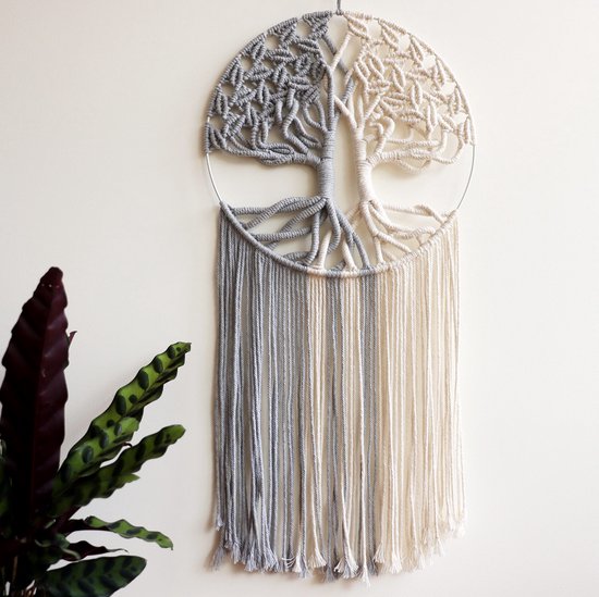 Suspension Murale Macramé Arbre de Vie – Décoration Murale Bohème en Coton Tissé à la Main – Tapisserie Murale pour Salon, Chambre et Chambre d'Enfant – Gris/Blanc – 33 x 80 cm