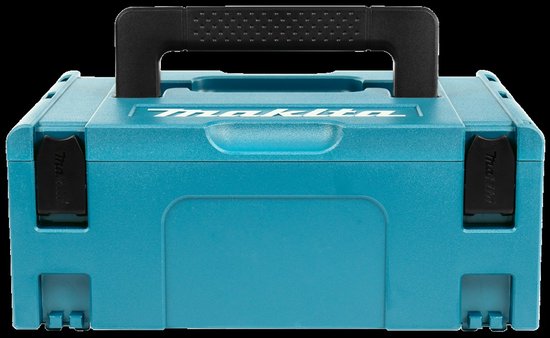 Turquoise Makita opbergkoffer met wit logo en zwart handvat.