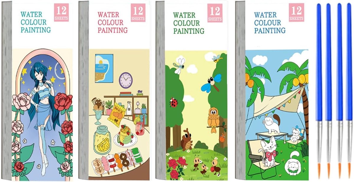 Kleurboek Waterverf - Schilderblok Set - Creatief Schilderen - Draagbaar Ontwerp - 4 Stuks - Assorti