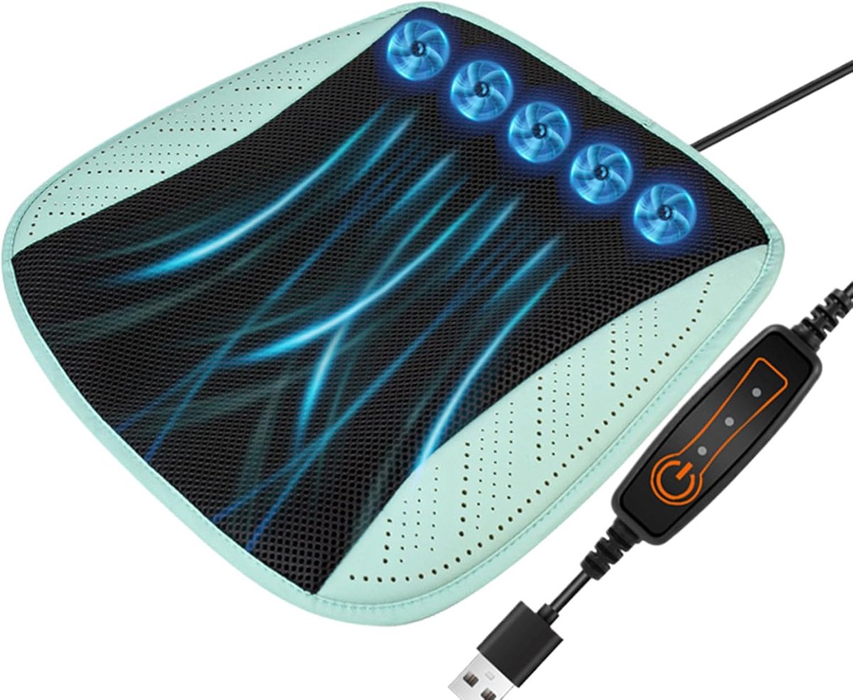 Koel Zetel Kussen - Ventilatie Mat - Comfortabel Rijden - 8 Stille Ventilatoren - 43x43cm - Cyaanblauw