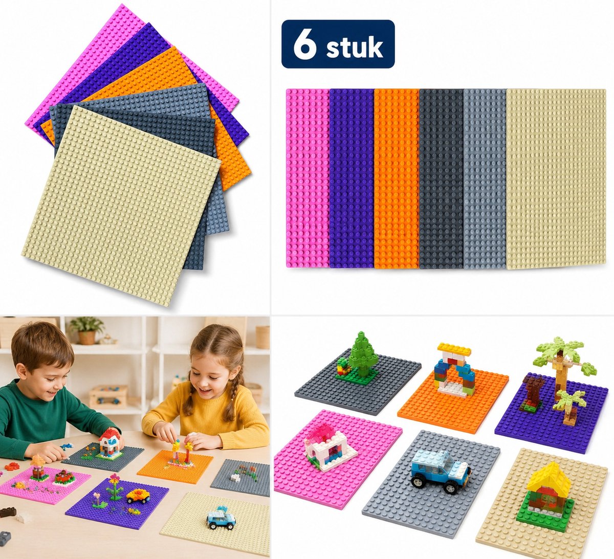 Bouwplaten 32x32 Noppen - Set van 6 - 25x25 cm - 6 Kleuren - Compatibel met lego - Grondplaten