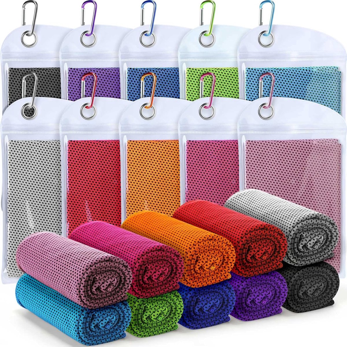 Set van 10 koelhanddoeken - Verkoelende handdoeken - Fitness sneldrogende handdoek - Voor buitensport sportschool hardlopen en joggen - Inclusief karabijnhaak/opbergetui - 30 x 100 cm - 10 kleuren