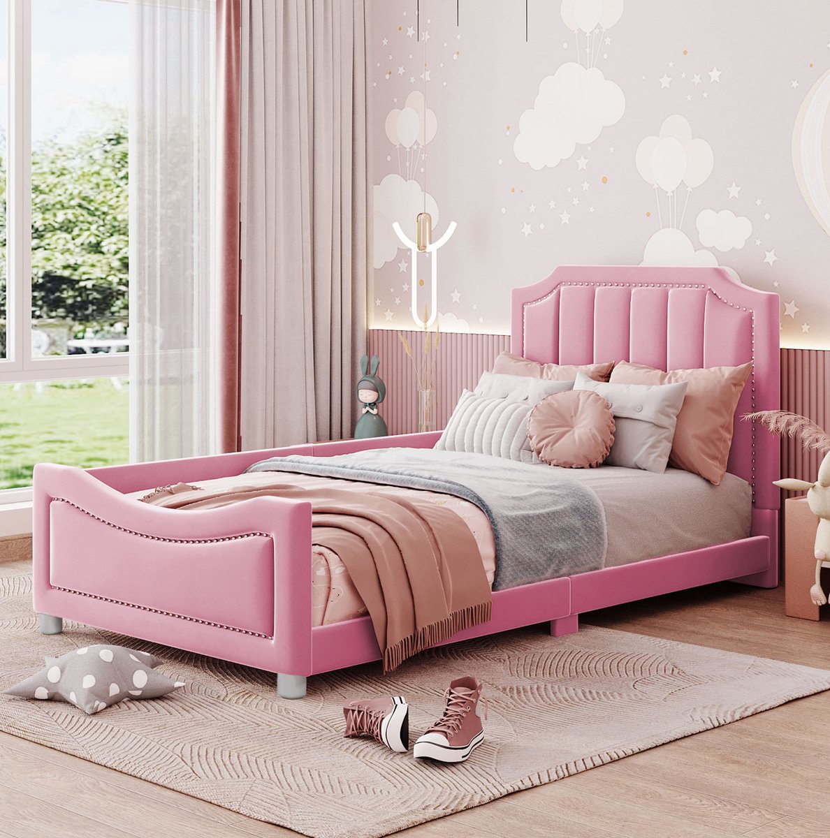 MEUNIQ kinderbed 90x200 cm gestoffeerd bed met lattenbodem, rugleuning, hoofdbord en voetbord, flanellen bekleding, normaal bed voor kinderkamer of slaapkamer, roze