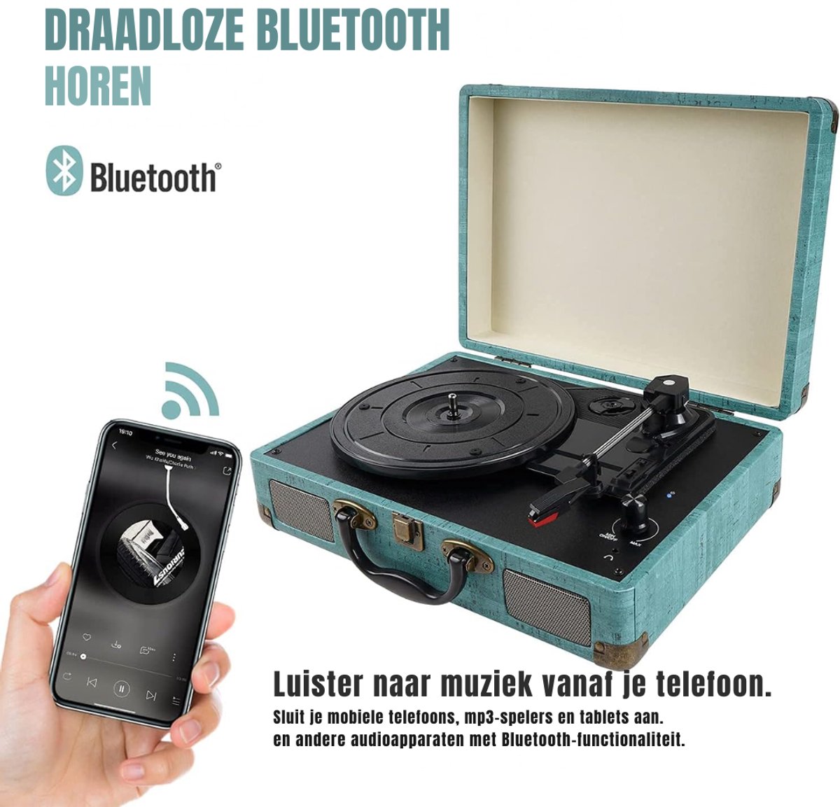 Ploutos® Platenspeler Bluetooth - Retro Platenspeler in Koffer – Complete Set met Speakers - Blauw - 36cm x 26cm x 116cm — cadeau in Games, Films & Muziek - foto 2