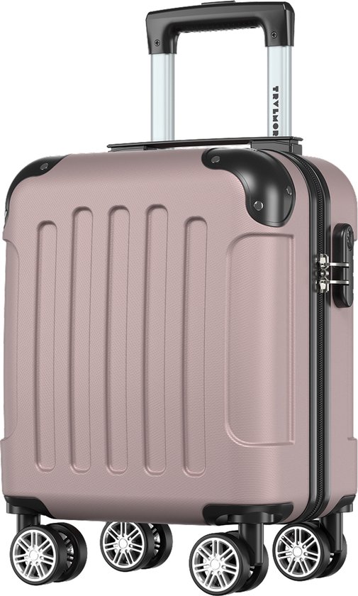 Roze handbagagekoffer met uitschuifbare handgreep, TSA-cijferslot en vier dubbele wielen.