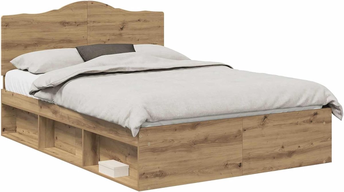 Bedframe Massief Grenenhout - Moderne Bedombouw - Comfortabele Slaap - Stevig Hoofdeinde - 150 x 200 cm - Ambachtelijk Eiken