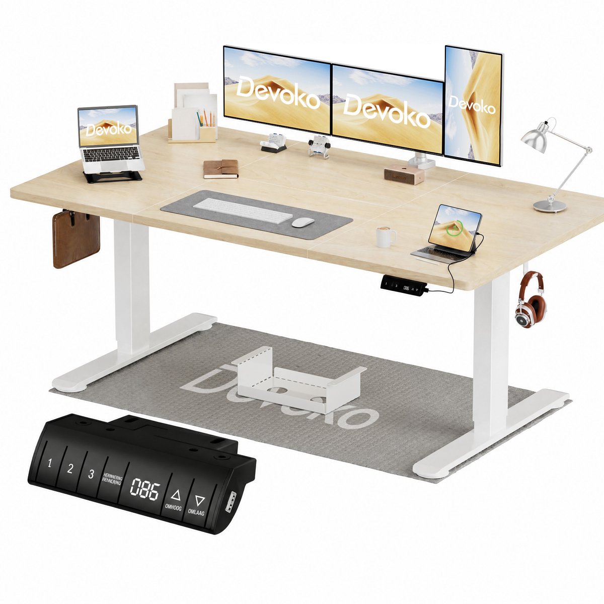 Devoko Elektrisch Zit-Sta Bureau 160x80 cm – 18 mm Dik Tafelblad – 3 Geheugenstanden – USB en Zit-alarm – Kabelmanagement – Wit frame met houtkleurig blad