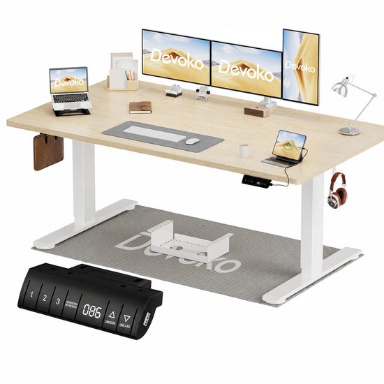 Devoko Elektrisch Zit-Sta Bureau 160x80 cm – 18 mm Dik Tafelblad – 3 Geheugenstanden – USB en Zit-alarm – Kabelmanagement – Wit frame met houtkleurig blad