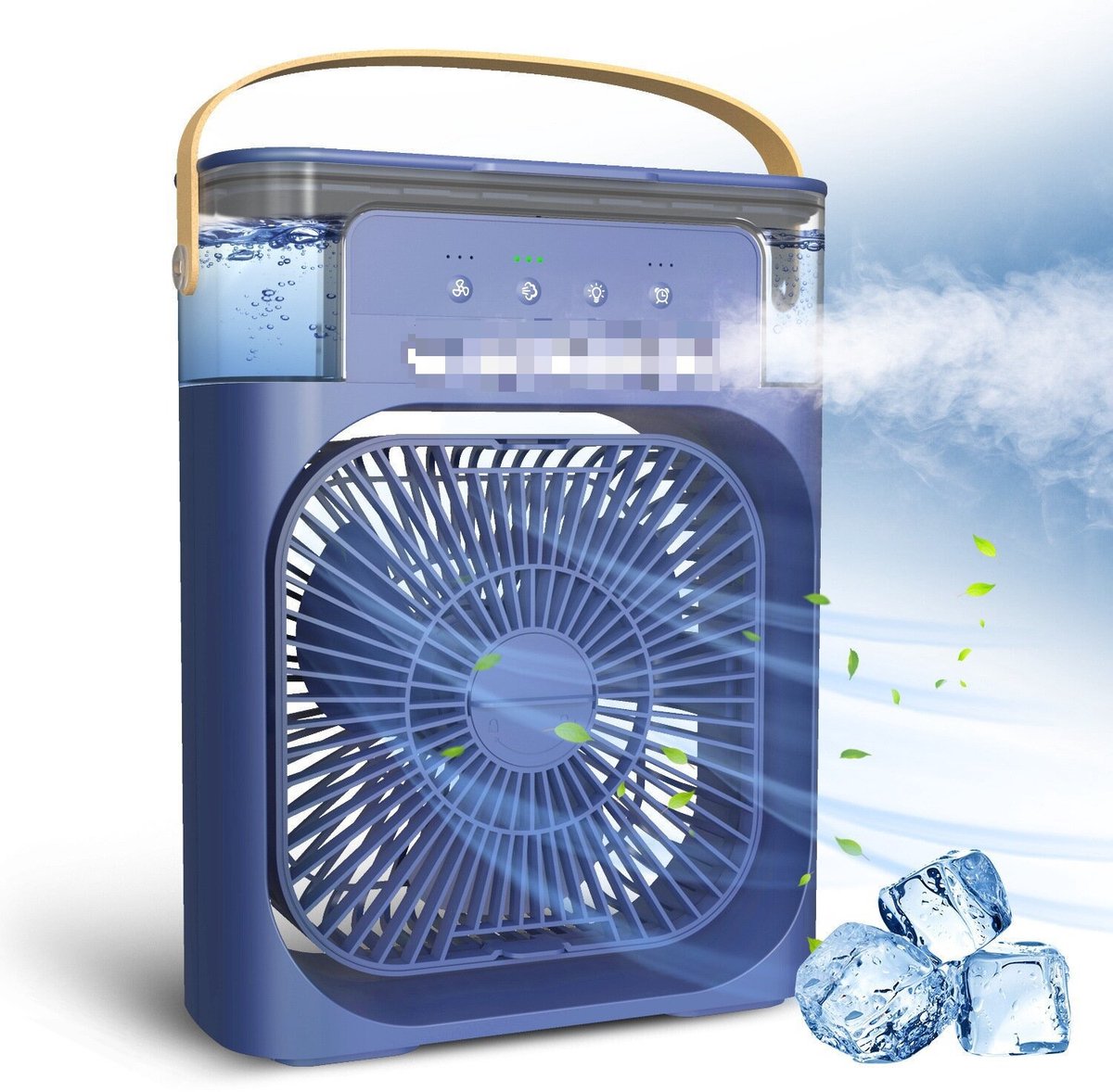 Deze draagbare 4-in-1 airconditioner combineert airconditioning, een ventilator, drie ventilatorsnelheden, een timer, een luchtbevochtiger (600 ml waterreservoir), USB-opladen, een luchtkoeler en een stille modus – in het blauw.