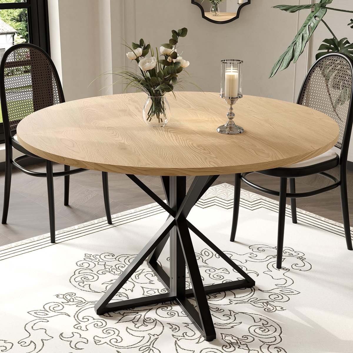 Triumpunpre Eettafel Rond voor 4 Personen - 120x120x76cm - Keukentafel met Stevige K-vormige Metalen Poot - Ruimtebesparend - Voor Eetkamer Woonkamer en Appartement - Houtkleur