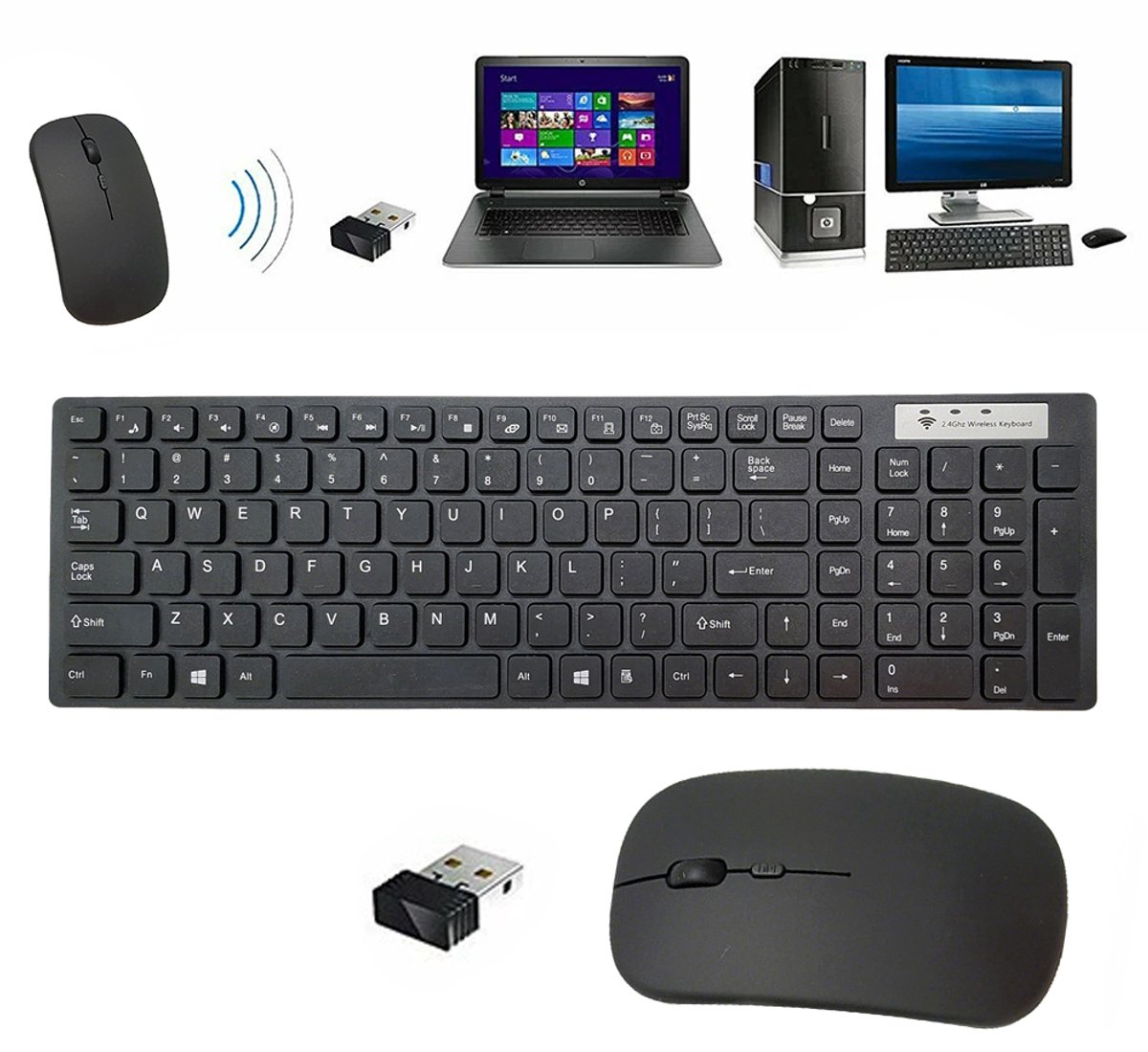 QWERTY-toetsenbord en muiscombinatie – Met ontvanger – Zwart draadloos USB-toetsenbord – Draadloze dual-mode toetsenbord- en muiscombinatie – Voor pc – Stille toetsen – K-608-B Zwarte combinatie
