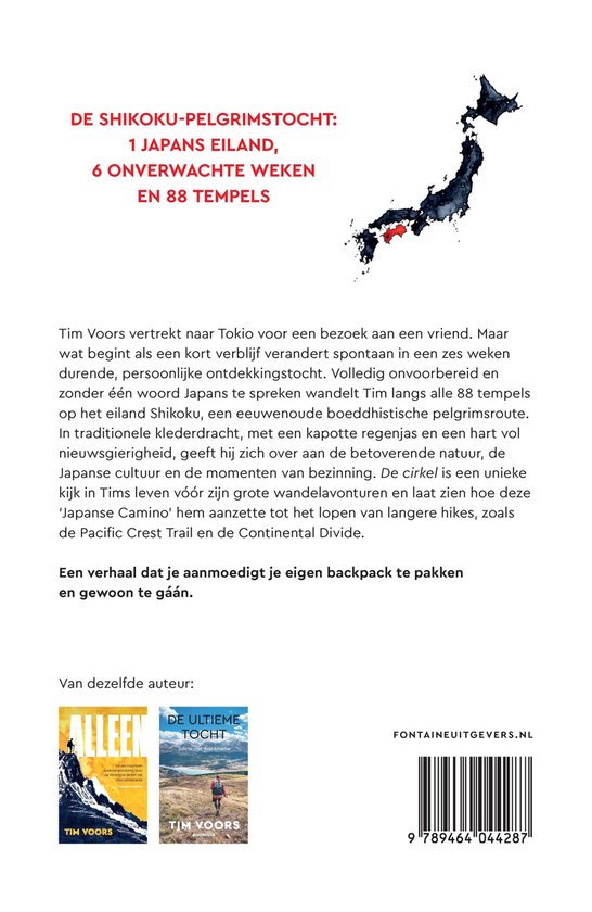 Boek kaft met tekst 'De Shikoku-pelgrimstocht'. Kaart van Japan op de achtergrond.