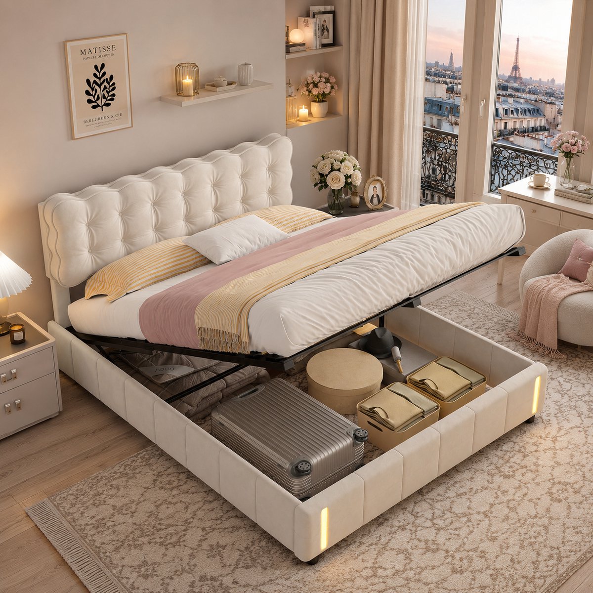 MEXUS Opbergbed 140x200 cm, Tweepersoonsbed met lattenbodem en slimme LED-verlichting met sensor - Gestoffeerd met dik pluche hoofdbord, metalen bedframe, Fluwelen Beige