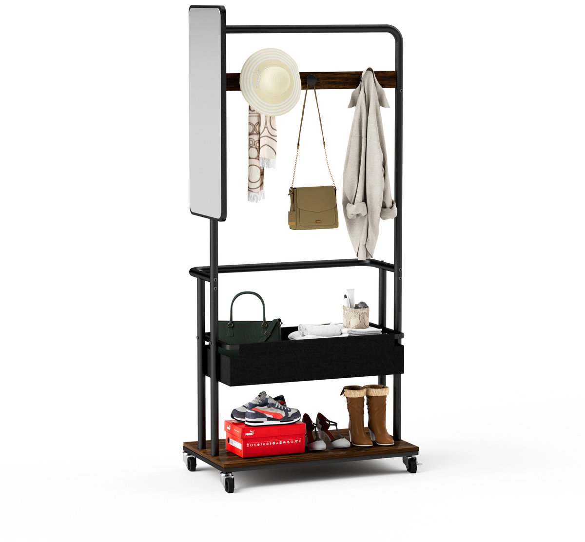 Clruro Kapstok - 70 × 40 × 170 cm - met Spiegel - met Schoenenopslag - met Wielen - Metaal - Rustiek Bruin