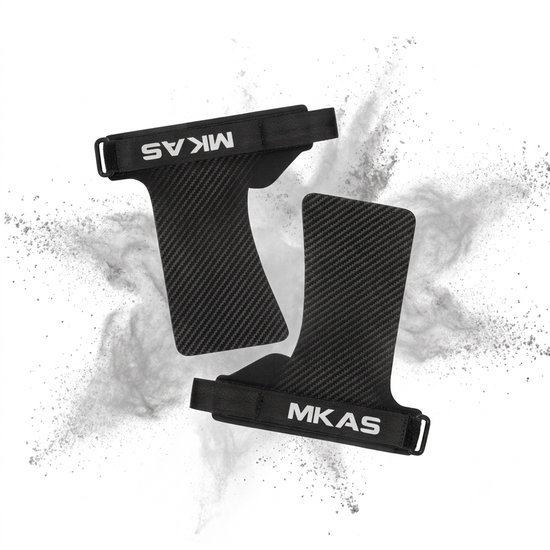 Zwarte handgrepen met "MKAS" erop, met een carbonfiber-textuur, in een wolk van magnesium.