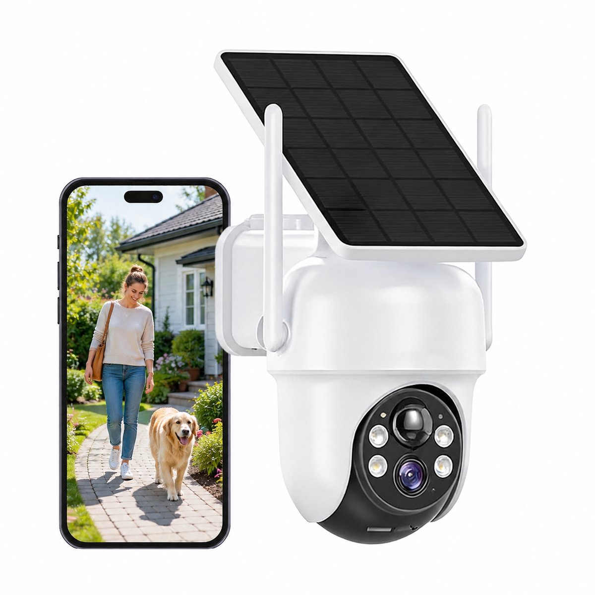 Solarcamera Buiten 4MP - Draadloze Beveiligingscamera met 360° Dekking, Geïntegreerd Zonnepaneel en AI Bewegingsdetectie