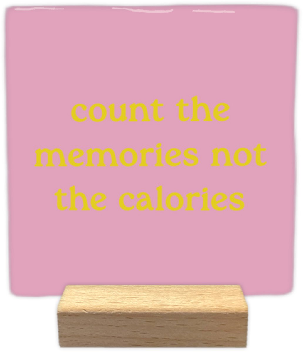 Artige Decoratie tegel met tekst- Count the memories - keramisch - 10x10 cm - inclusief houder Roze